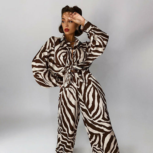 Stripes Pants Set Long Sleeve Matching Wide Trousers Suit