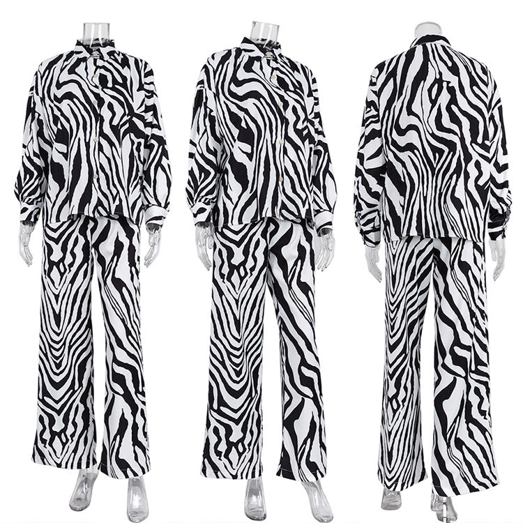 Stripes Pants Set Long Sleeve Matching Wide Trousers Suit