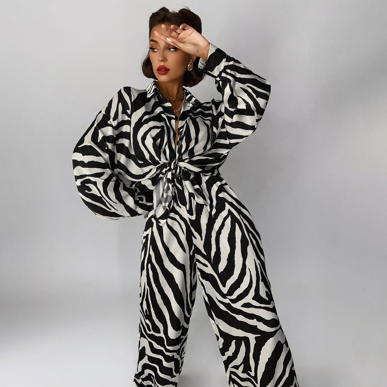 Stripes Pants Set Long Sleeve Matching Wide Trousers Suit