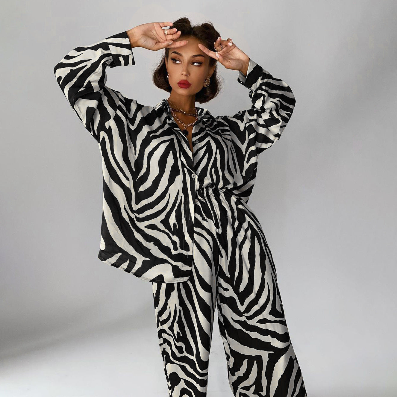 Stripes Pants Set Long Sleeve Matching Wide Trousers Suit